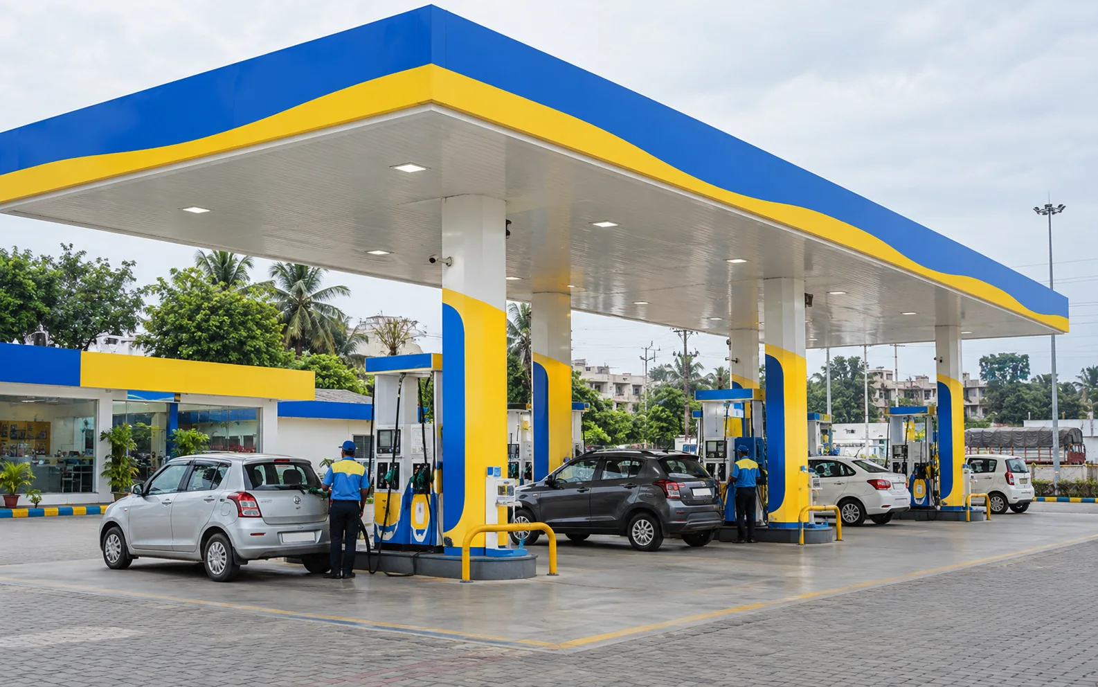 Illustrative blue and yellow petroleum retail forecourt